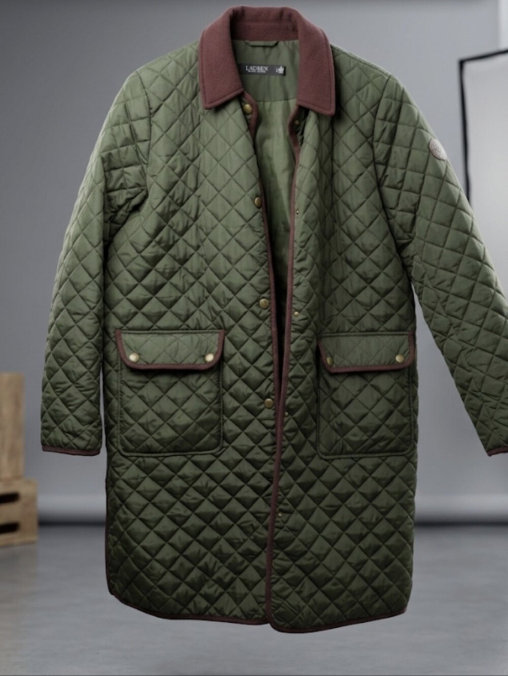 Ralph Lauren Olive Green Quilted Long Puffer Coat with Brown Trim